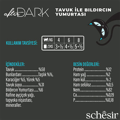 Schesir After Dark Sos İçinde Tavuklu ve Bıldırcın Yumurtalı Tahılsız Yetişkin Kedi Konservesi 80 Gr 